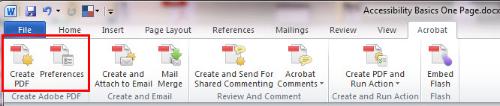 The Acrobat ribbon in Word, displaying "Create PDF" and "Preferences" as described in text above.