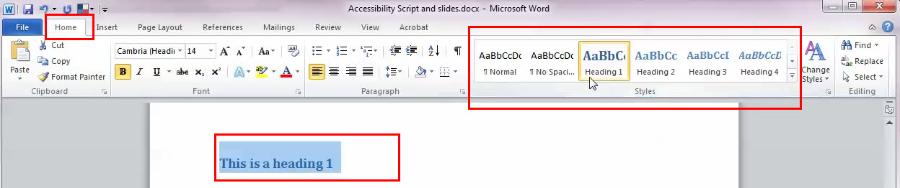 Screenshot showing how to select a heading from the styles menu in Word 2010