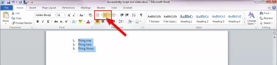 Visual of where to select bullet or numbered list in Word 2010