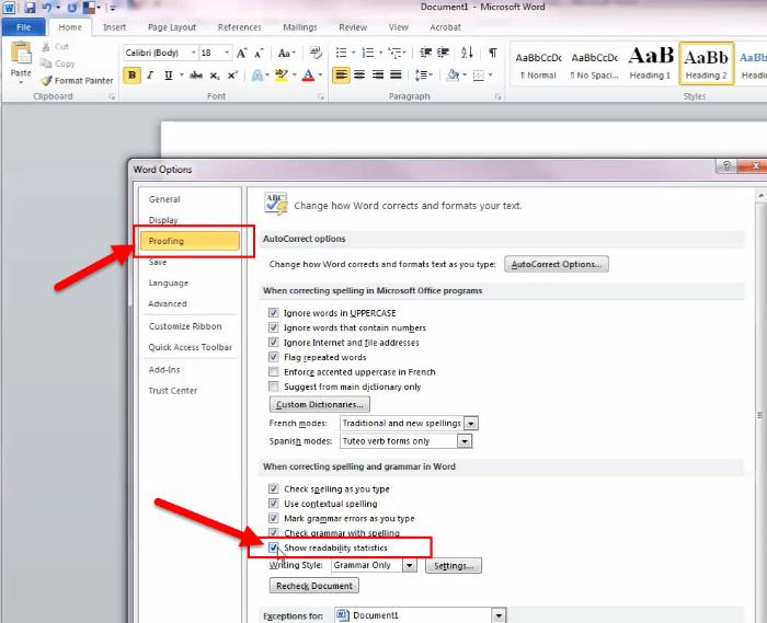 Visual of clicking on proofing and then checking the readability statistics box, as described in text above.