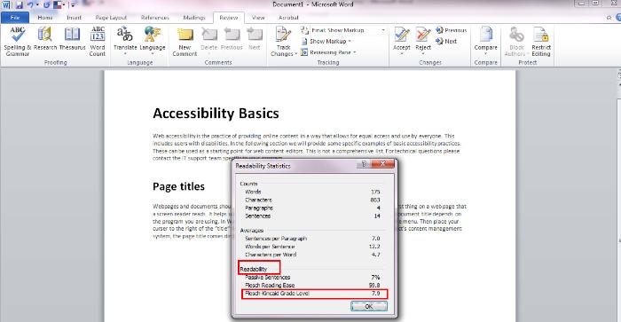 Readability statistics box, as described in text above.
