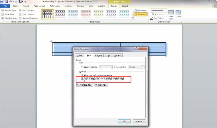 Image showing which box to check to repeat header row, as described in text above.
